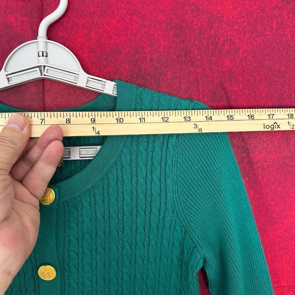 TAYLOR WOMEN'S SIZE S-SMALL GREEN CABLE-KNIT SWEATER DRESS GOLD BUTTON STRETCH - Picture 7 of 12